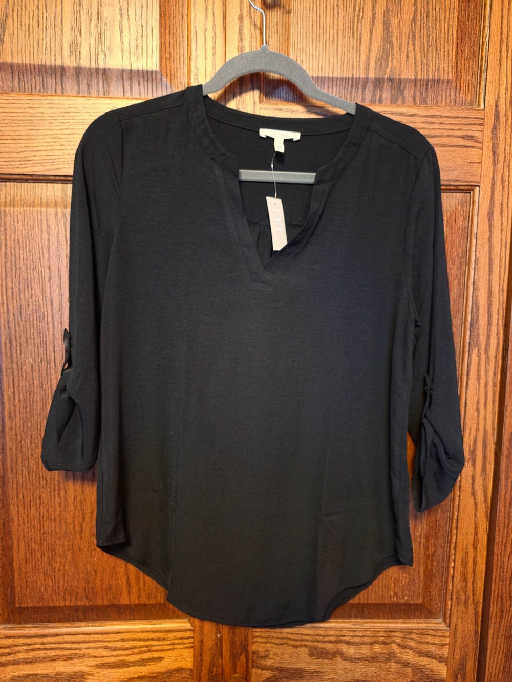 Maurices Black Notch-Neck Roll-Sleeve Top